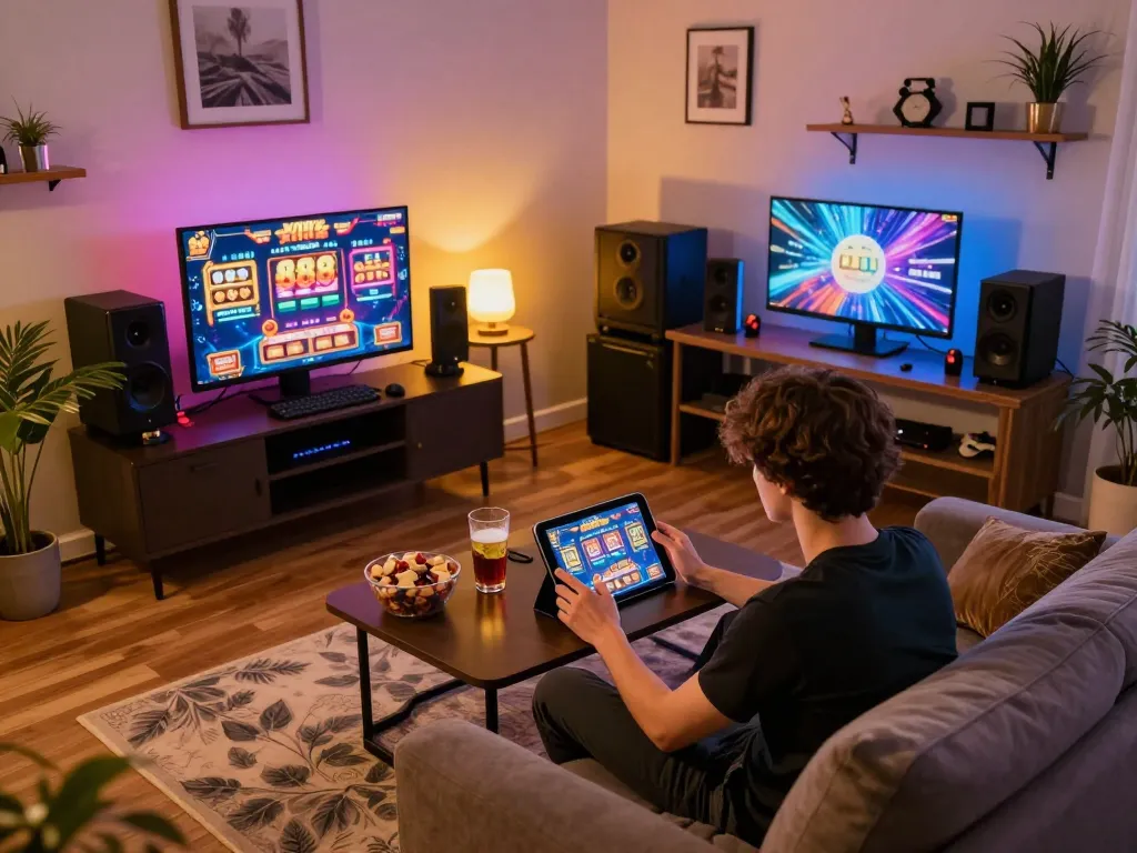 Engaged player enjoying an 888slot game on tablet in a cozy home setting with snacks.