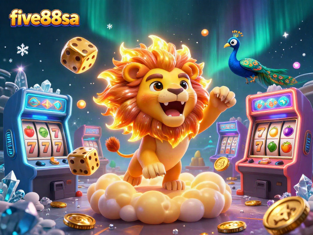 Play vibrant games at five88sa with a roaring sun lion, golden dice, and colorful arcade machines.