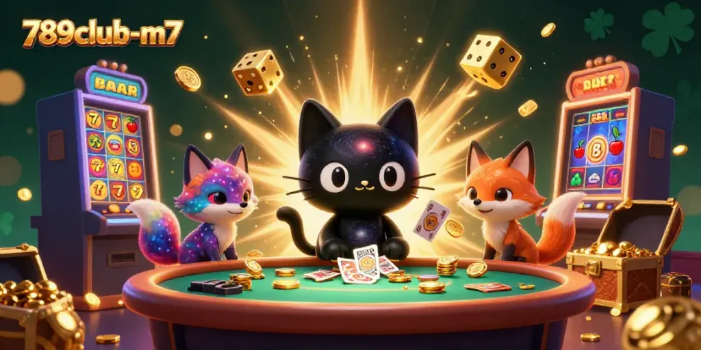 Experience the excitement of 789club-m7 with a dynamic cosmic casino scene filled with vibrant characters and game elements.
