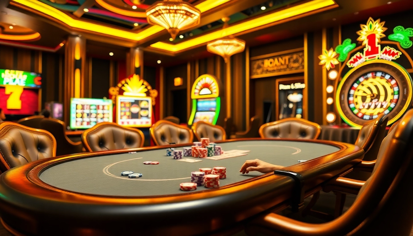 The thrilling poker action at https://78winn.co/ shows players with vibrant chips and a spinning roulette wheel.