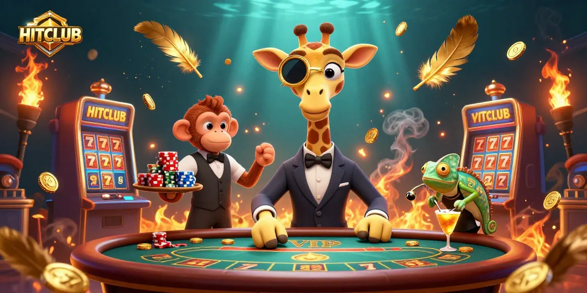 Experience the thrill at HITCLUB with a high-roller giraffe and its companions amidst vibrant slots and gold coins.