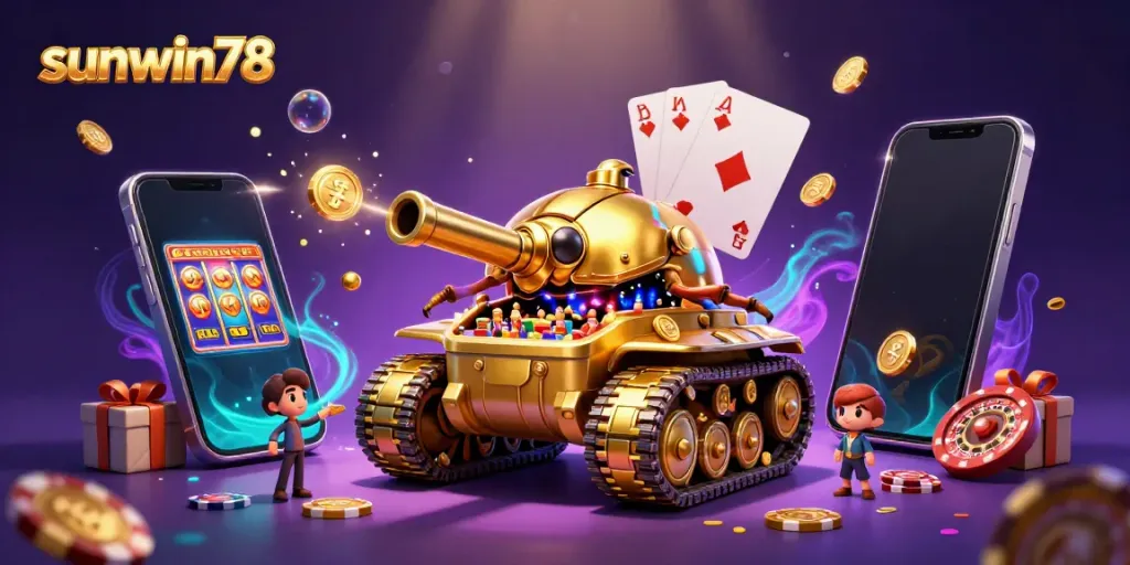 Experience excitement with sunwin78 in a dynamic casino scene featuring a golden beetle tank and casino elements.