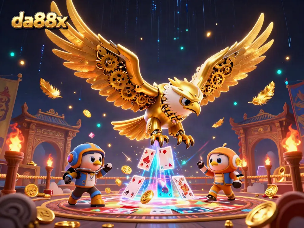 Experience the thrill of da88x with a golden eagle diving through holographic cards in a vibrant casino scene.