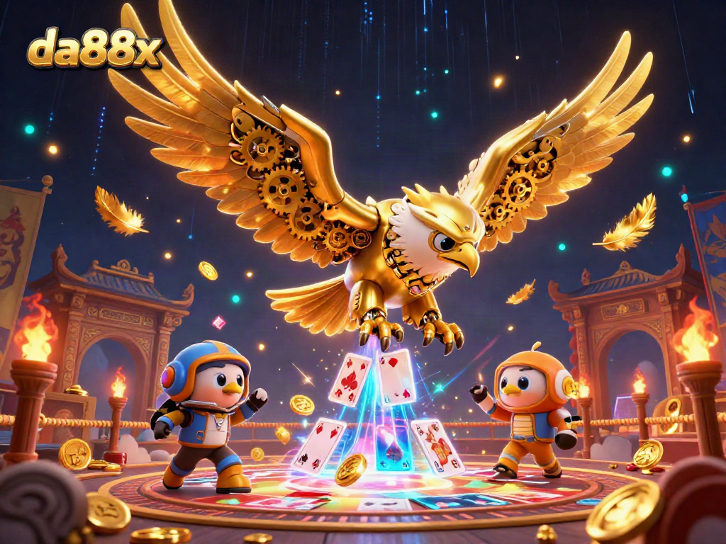 Experience the thrill of da88x with a golden eagle diving through holographic cards in a vibrant casino scene.