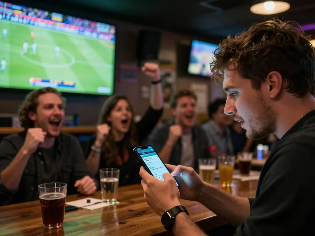 Person engaging in keo nha cai betting on smartphone during live football match.