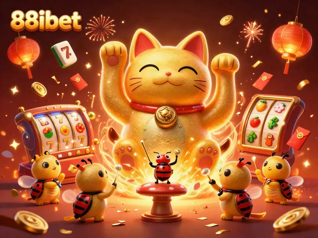 Experience the excitement of 88ibet with a vibrant illustration of a lucky cat formed from golden fireflies amidst dynamic slot machine symbols.