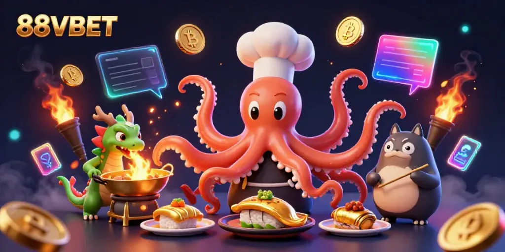 Experience the excitement of 88VBET with a vibrant 3D sushi chef octopus creating gold dishes in a dynamic casino atmosphere.