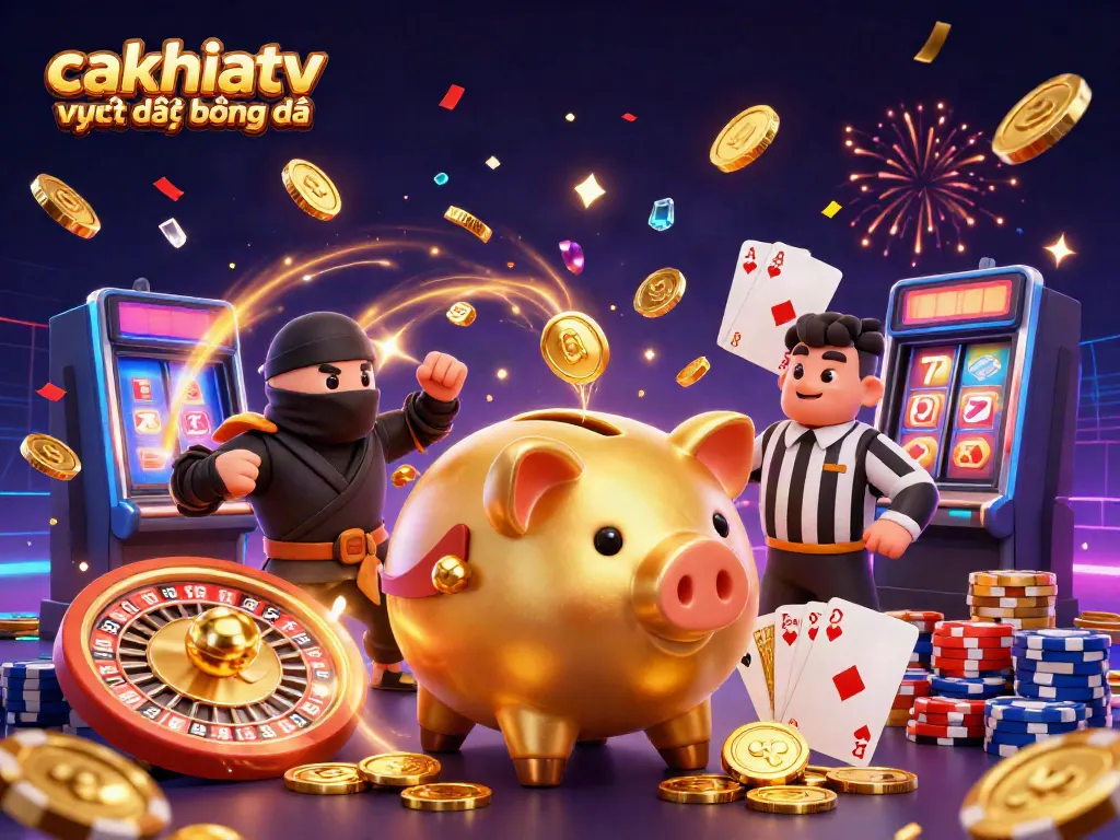 CakhiaTV livestreaming football on a vibrant casino-themed illustration, featuring dynamic characters and gaming elements.