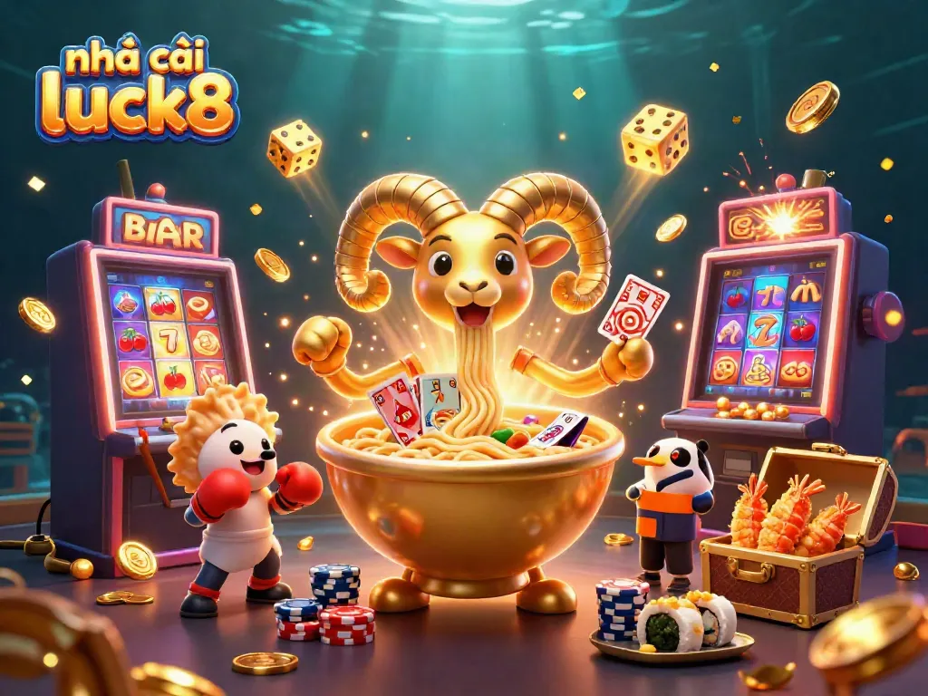 Join the vibrant scene with nhà cái luck8's playful casino elements, featuring a golden ramen bowl dealer surrounded by cheerful characters.