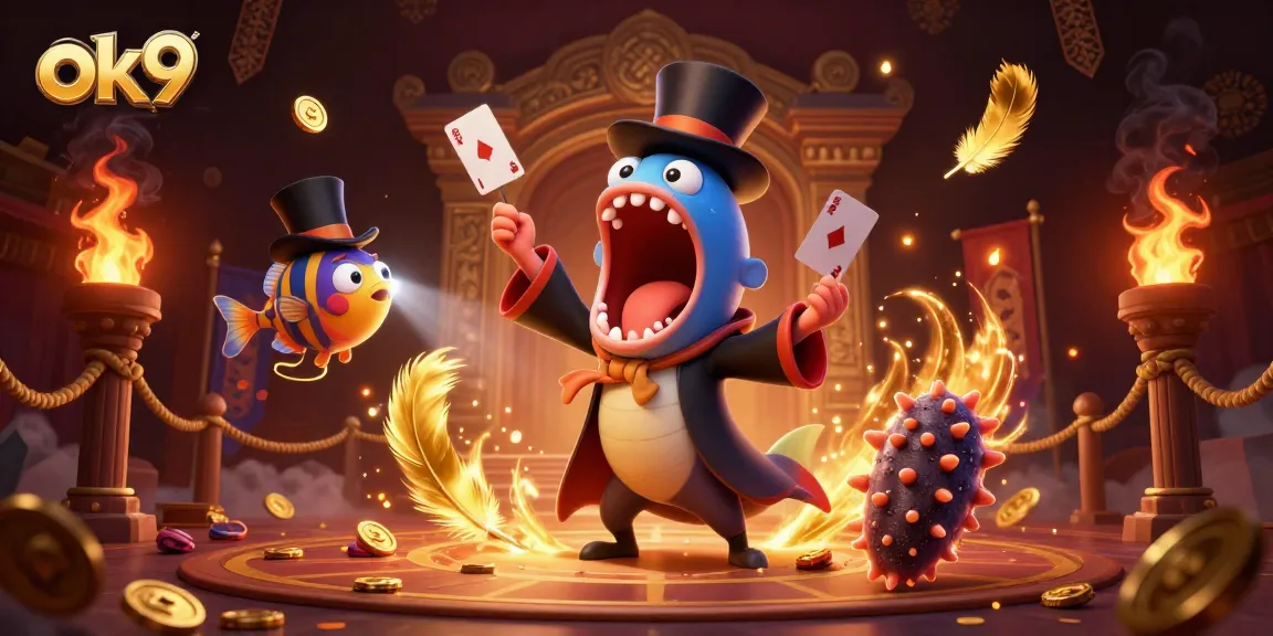 Experience thrilling gameplay with ok9 through innovative card tricks by a magical sea creature trio.