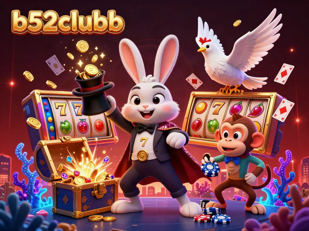 Engage in thrilling gaming at b52clubb, featuring a magical scene with a rabbit, dove, and monkey amidst vibrant casino elements.