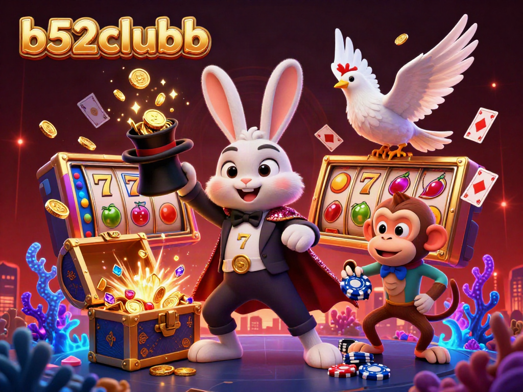 Engage in thrilling gaming at b52clubb, featuring a magical scene with a rabbit, dove, and monkey amidst vibrant casino elements.