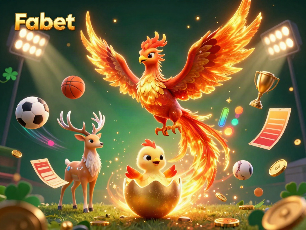 Experience the thrill of Fabet with a majestic phoenix symbolizing luck and fortune, surrounded by vibrant betting elements.