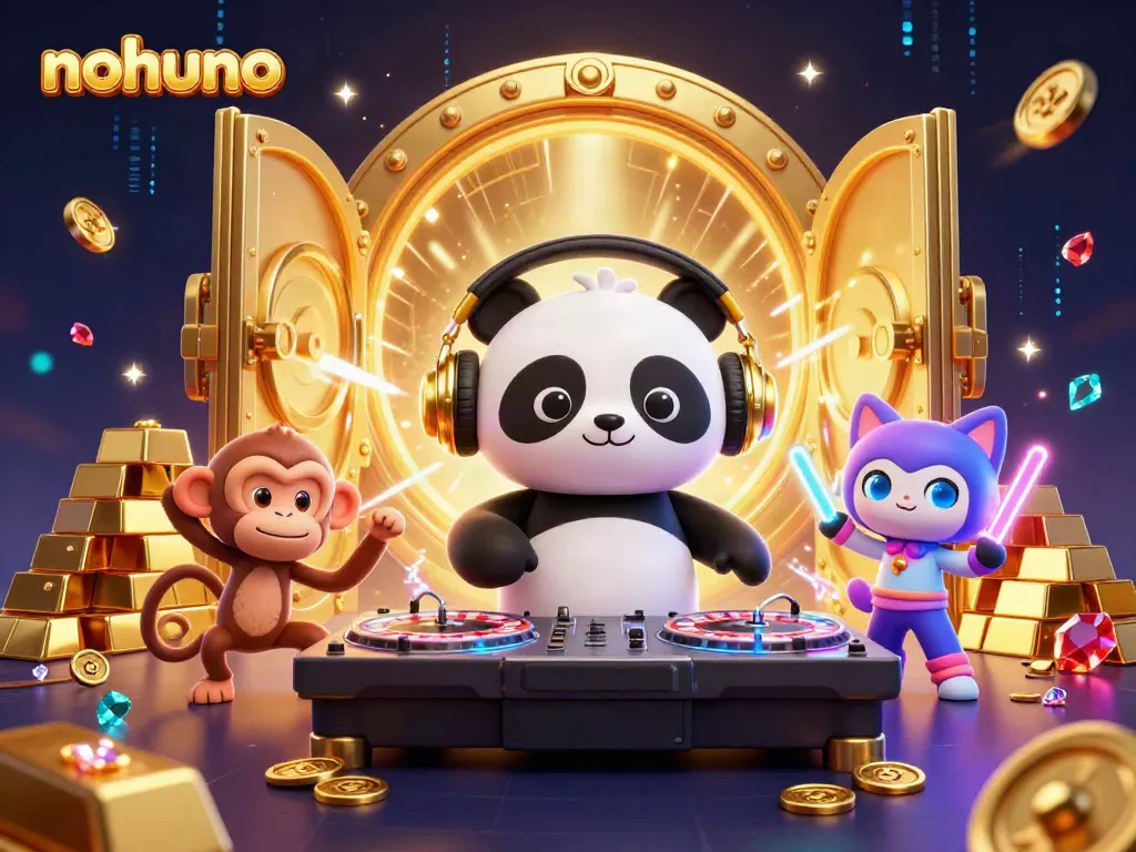 Experience the vibrant energy of nohuno in this lively casino scene with dancing characters and sparkling treasures.