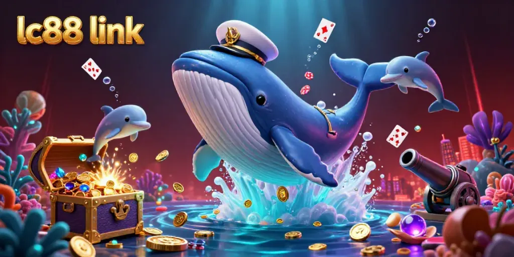 Engage with dynamic gaming fun at lc88 link, featuring a whimsical whale and playful dolphins amidst treasure.