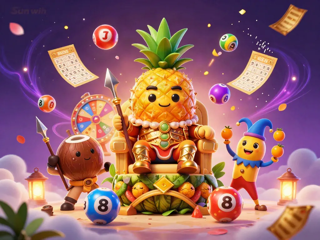 Experience the excitement of Sun win with a vibrant beach casino scene featuring animated characters, lottery elements, and a magical atmosphere.