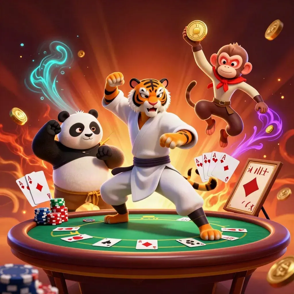 Tiger, panda och apa i kung-fu runt pokerspel med mynt och gyllene medalj.