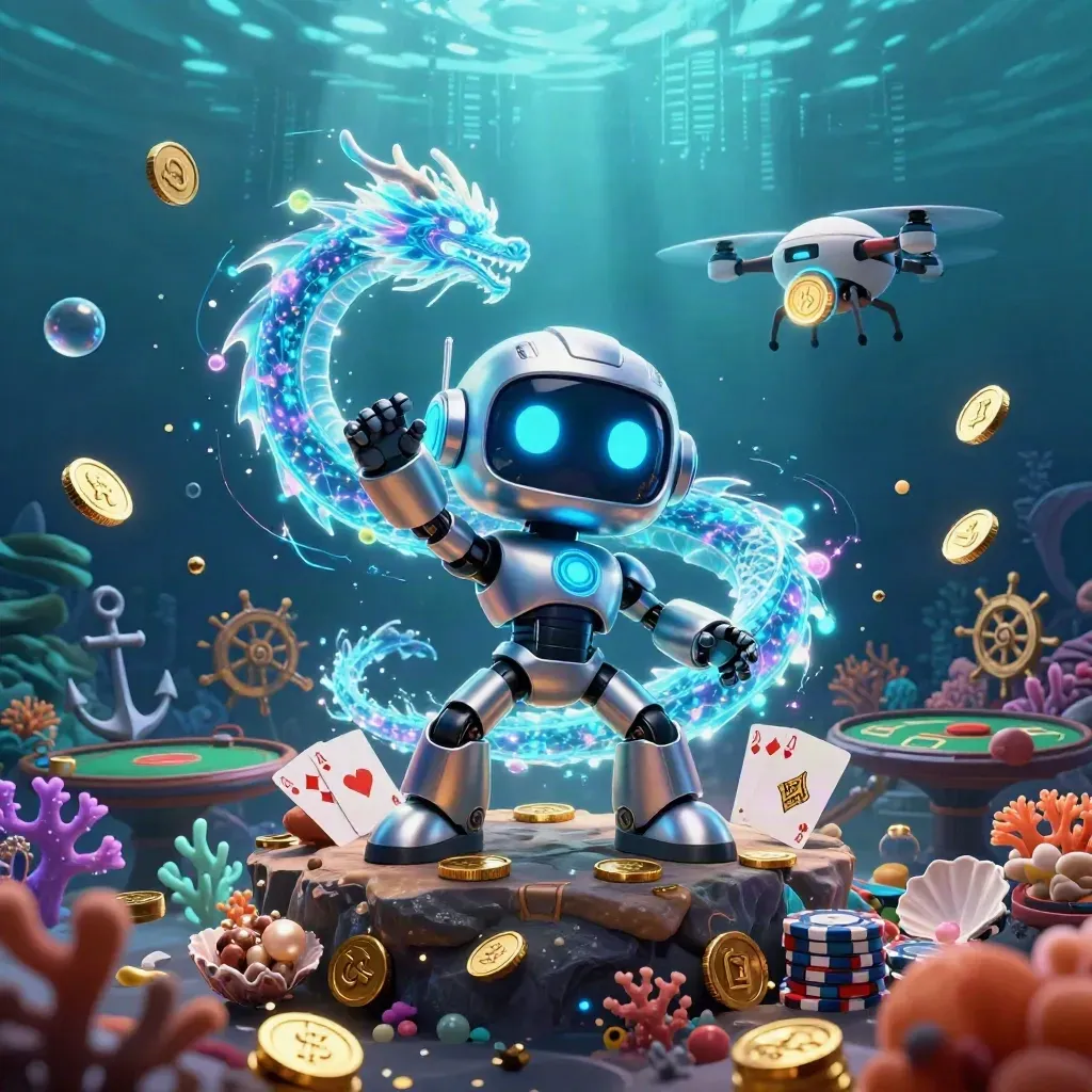 Robot, holografisk drake och drönare i en glödande undervattensgrotta med pokerdetaljer.