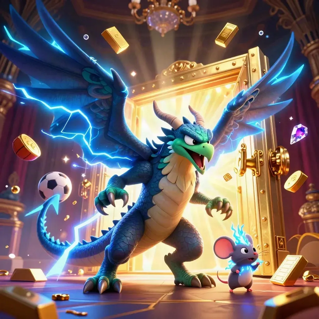 Drake, hök och mus i explosiv kasinostil med guld, blixt och lysande spelobjekt.