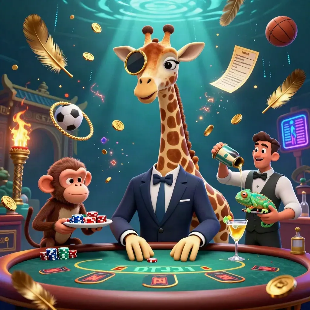 Tre casinodjur i lyxig pokerstil omgivna av sportutrustning, guld och neon i mörk havsgrön bakgrund