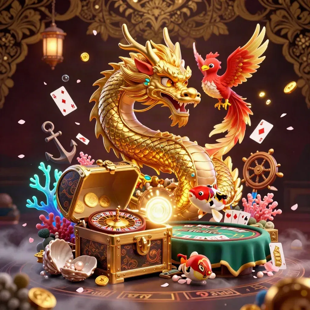Gul drake med röd fenix och koi i lyxig kasinogrott med guld, ljus och dimma