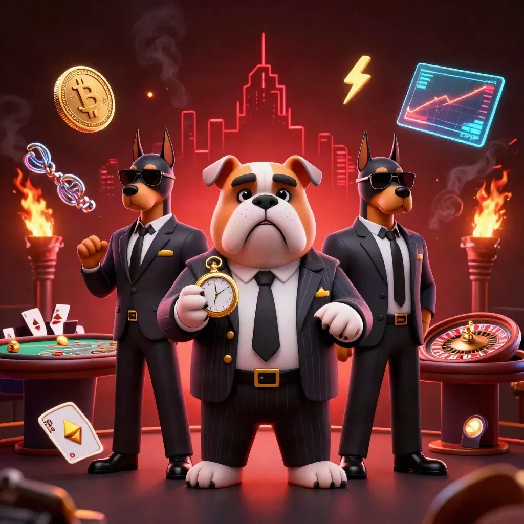 Maffiabulldogg och två dobbermans i lyxigt neoncasino med mynt, ljus och rök.