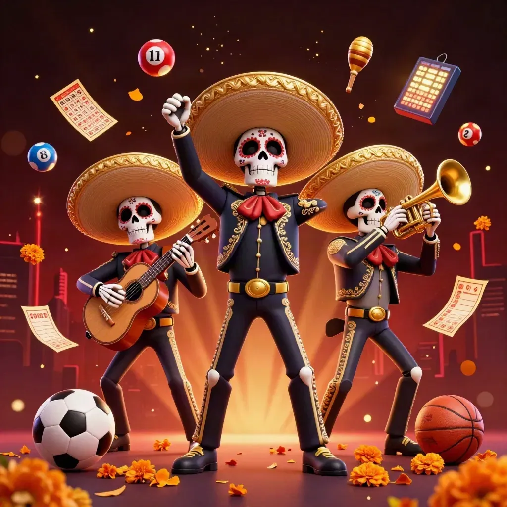 Tre skelettmariachi med guldhattar bland lotteribollar, bingokort och spelkort i neonljus