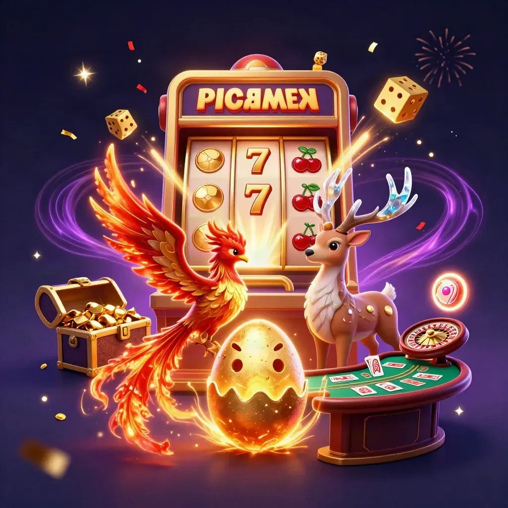 Fenix, hjort och kläckande unge i lyxig casinoexplosion med guld, ljus och magiska effekter.