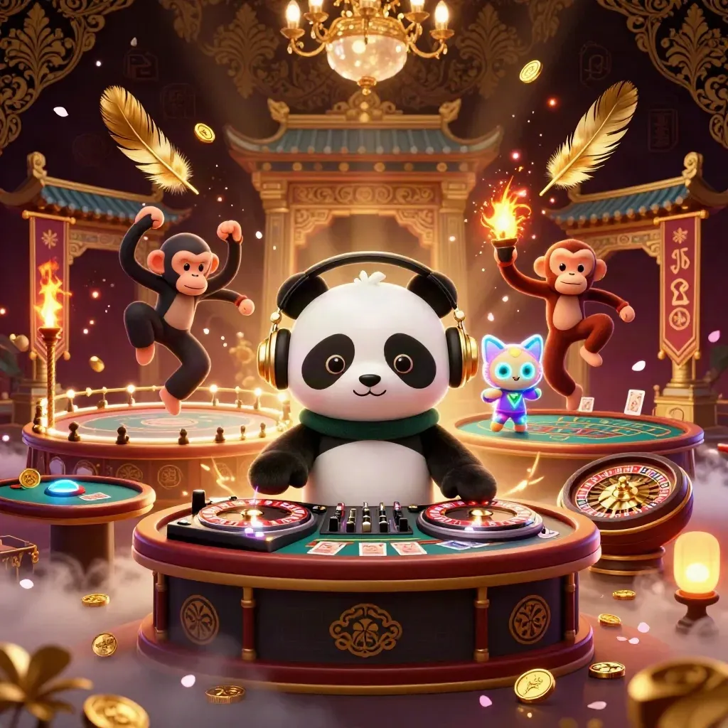 DJ-panda, dansande apa och glow-stick-katt i lyxigt casinorum med asiatiska detaljer.