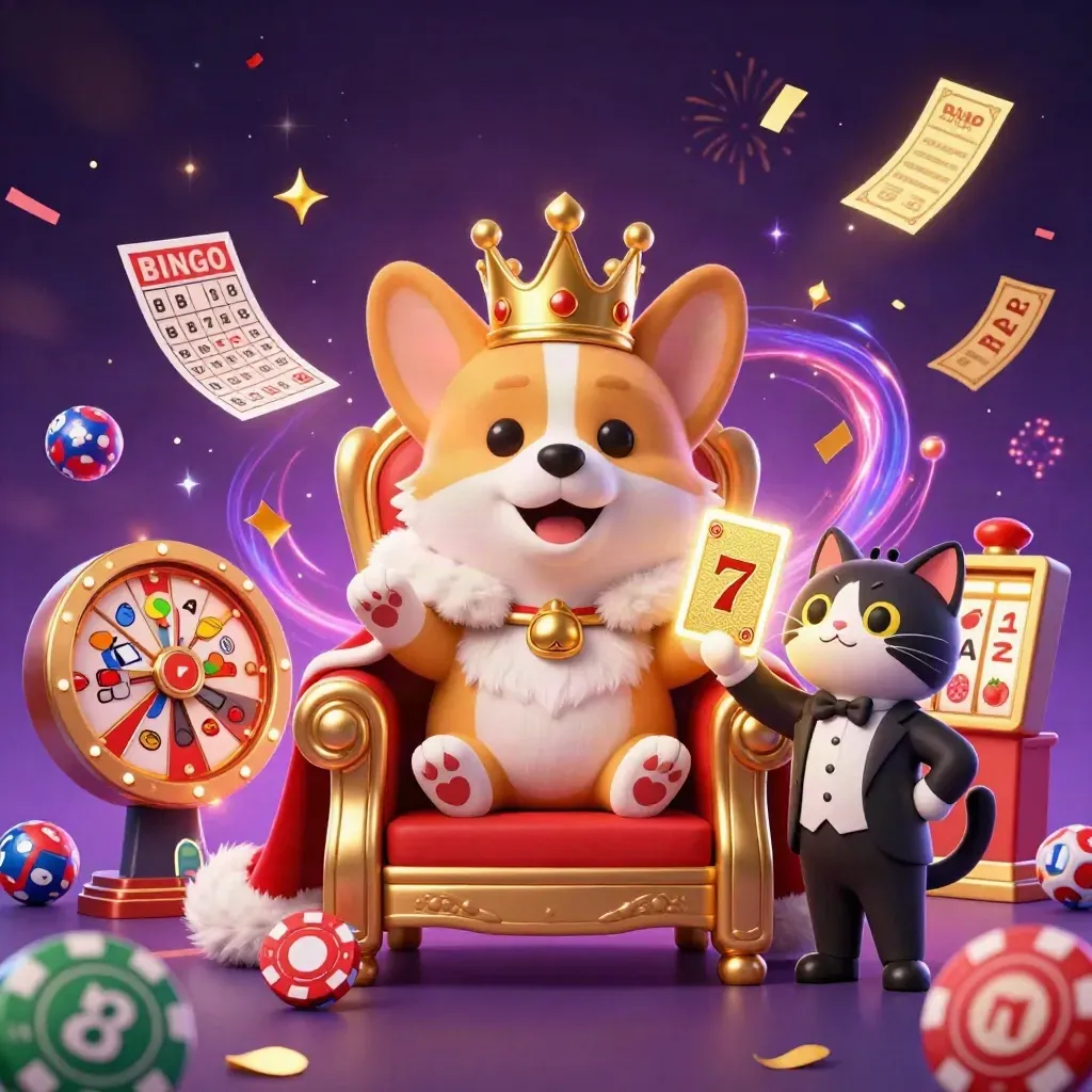 Kronad corgi och kattbutler bland pokerchips, lotteribollar och magiska casinofejer