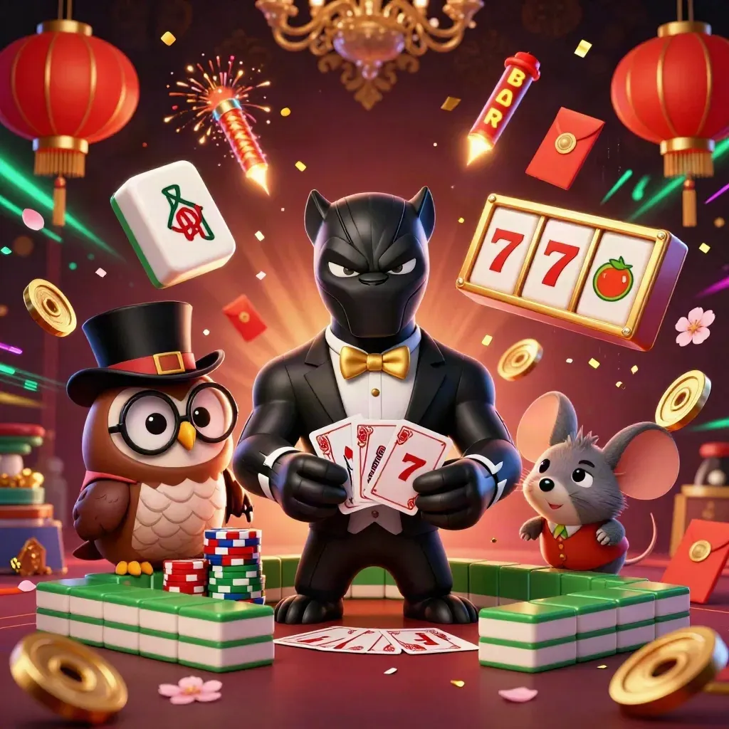 Svart panter, uggla och mus i lyxigt pokerspell med neon, guld och kasinoeffekter.