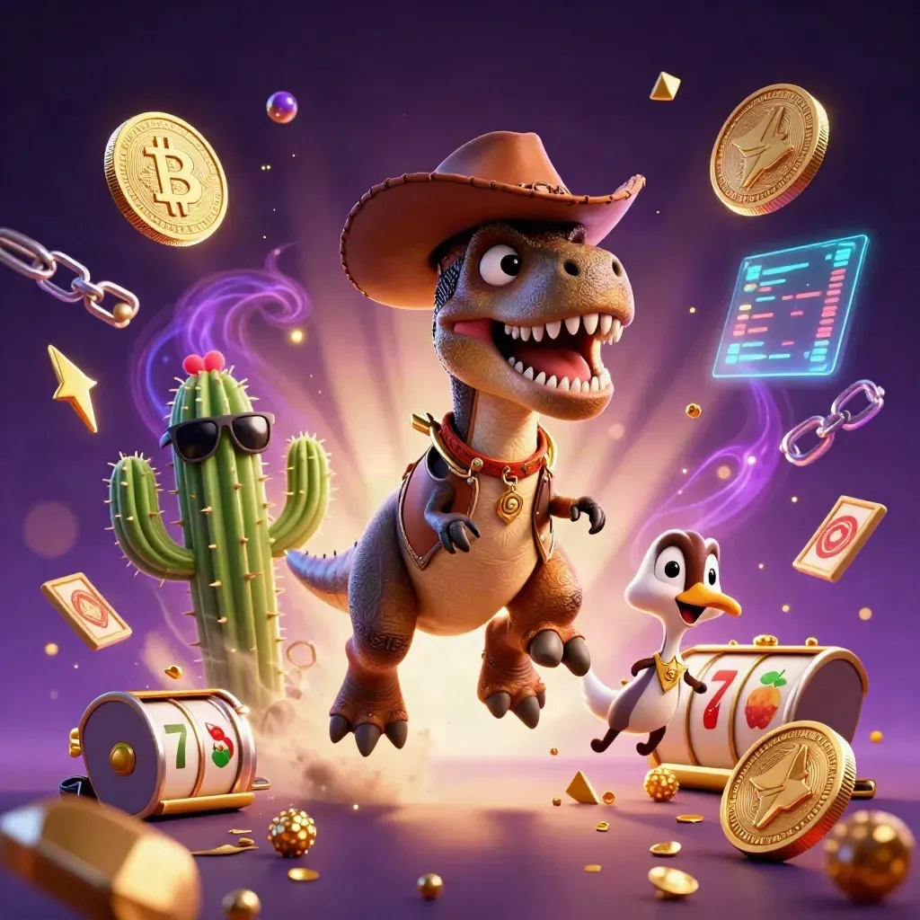 Cowboy-T-Rex, kaktus och sheriff-fågel bland neonmynt, magisk energi och kasinoeffekter
