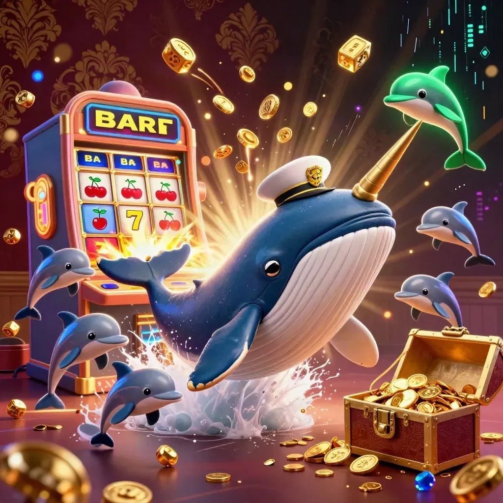 Valrossaktig val med narval, delfiner, mynt, slots och neon i lyxig casinostil
