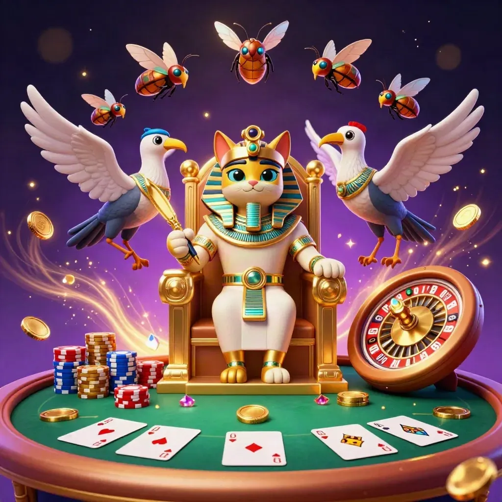 Pharaoh-katt på gyllene tron, ibis-skrivare och skalbaggar bland pokerchips och guldmynt.