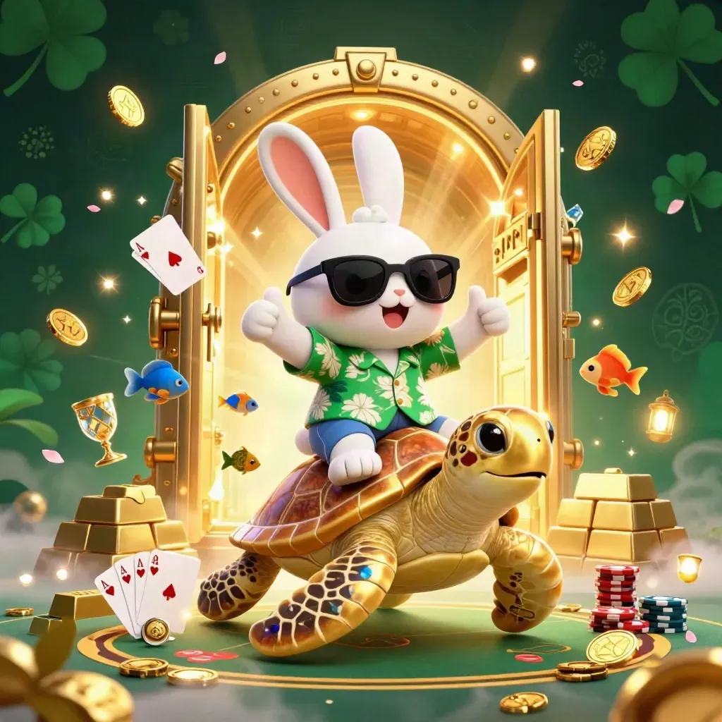 Glad kanin på gul sköldpadda i lyxig pokermiljö med guld och kort