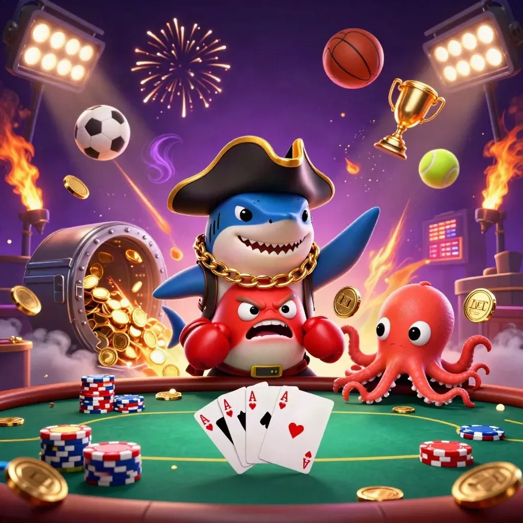 Piratshark, röd blåsfisk och bläckfisk kring pokerbord i guldregn och neon