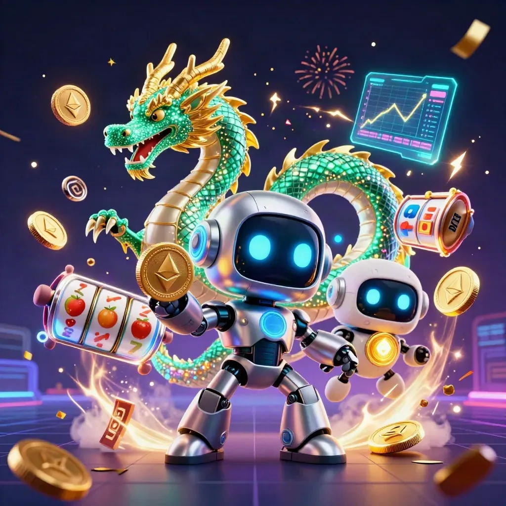 Robot, holografisk drake och drönare bland casinokoins och neonljus.
