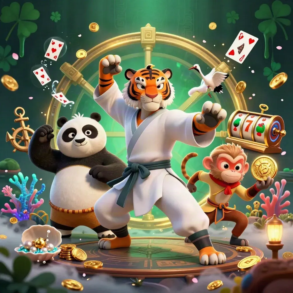 Tigermästare, pandalärling och apa bland guld, koraller och lyckosymboler i mörk casinoatmosfär.