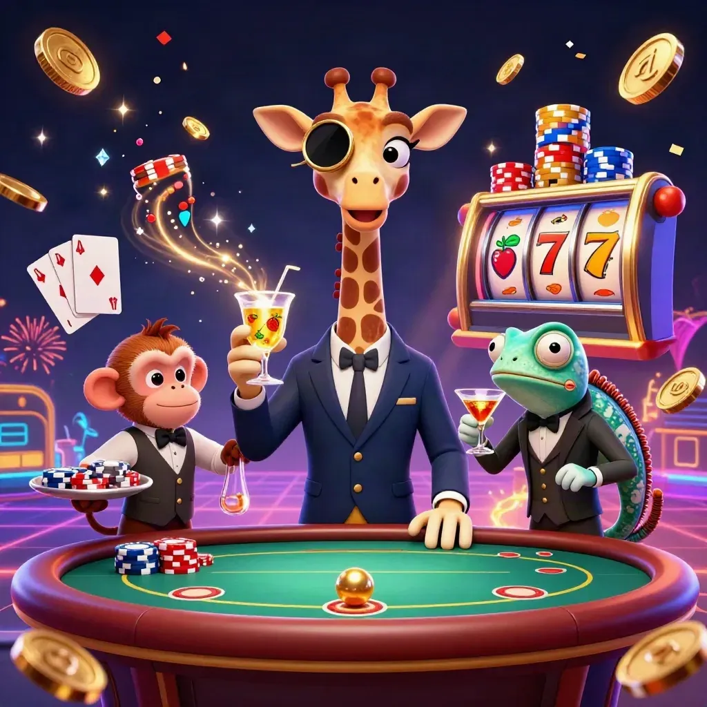 Giraff, apa och kameleont vid pokerbord bland mynt, chips och neonljus.