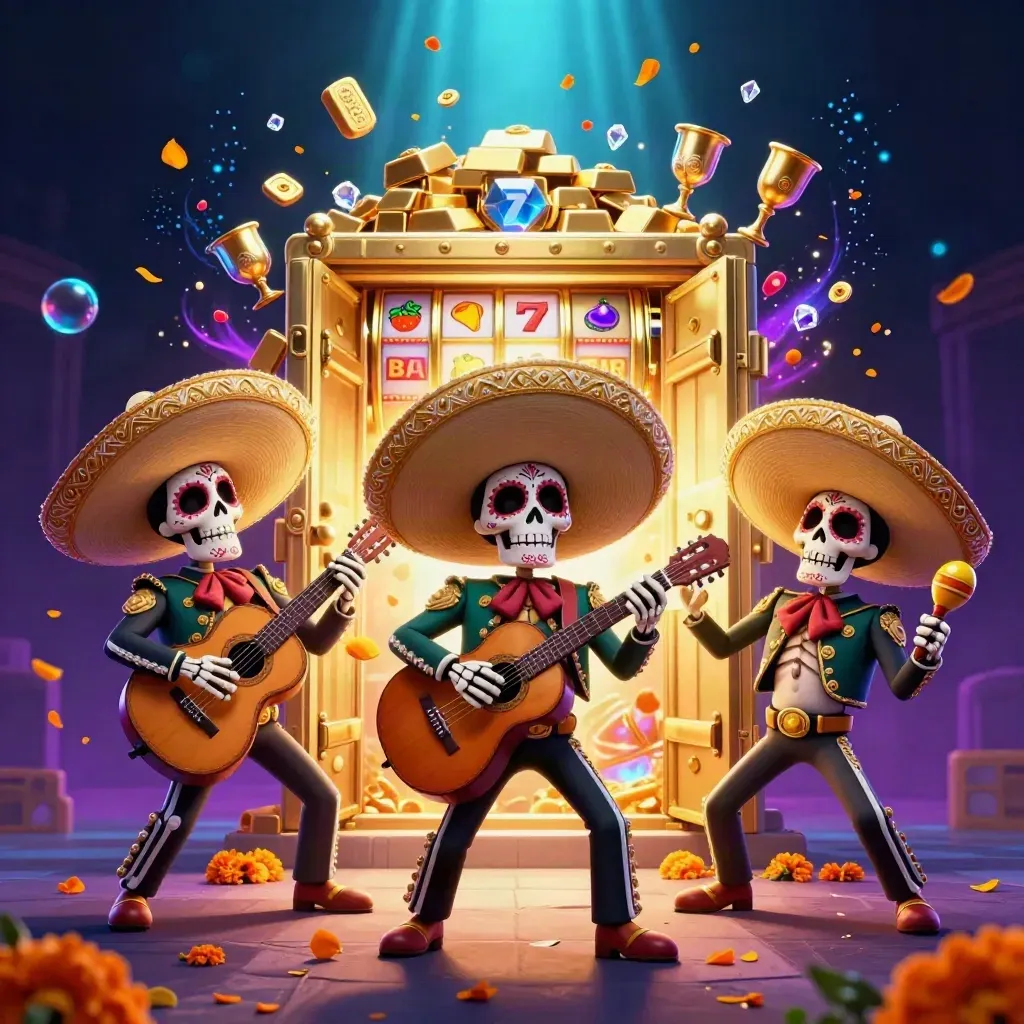 Tre skelettmariachis i gyllene sombreros med skattkista, guld, slot reels och neonljus.