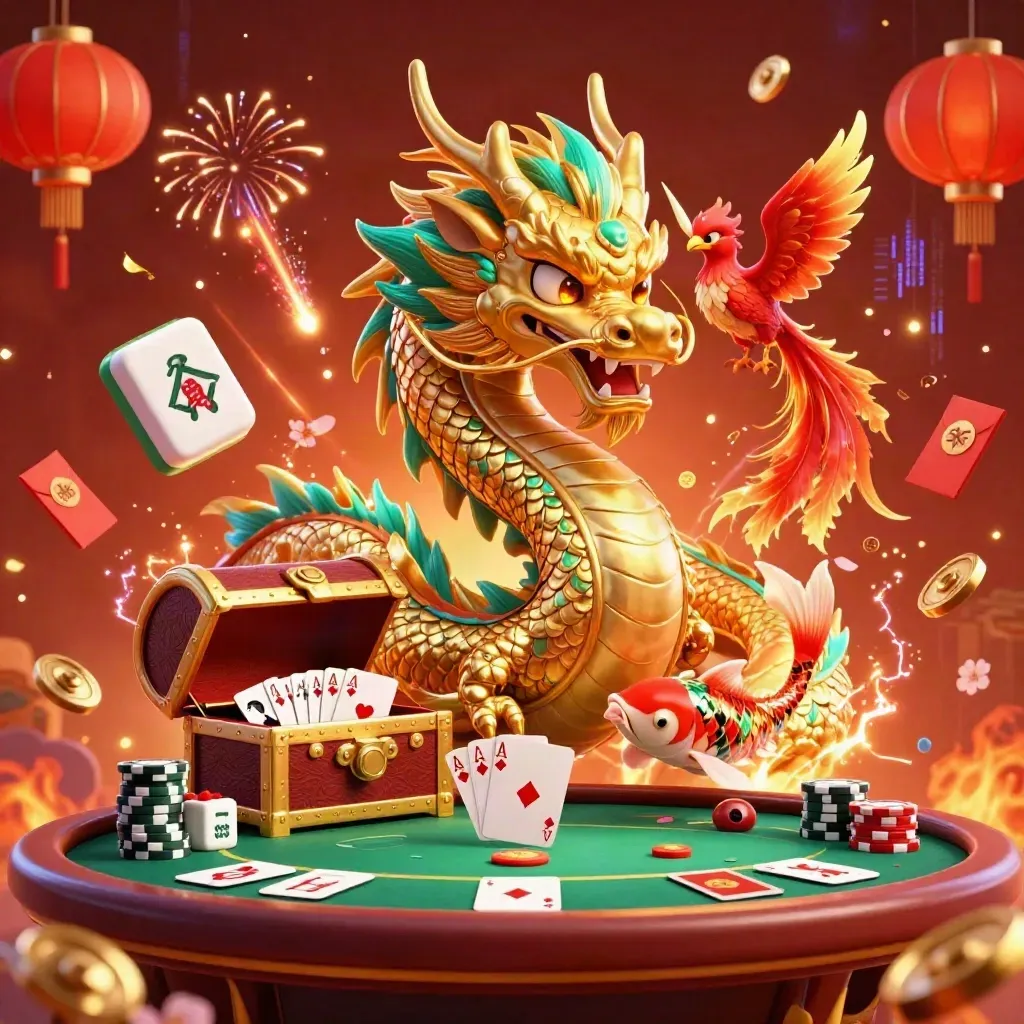 Guld drake med fenix, fisk och pokerbord i lyxig casinostil