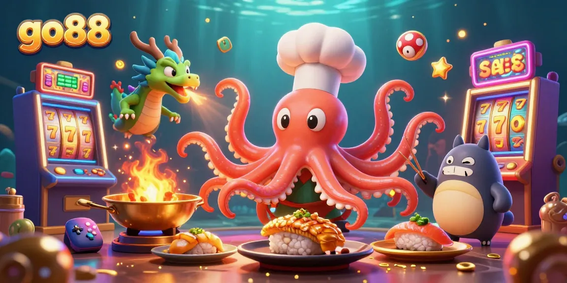 Engage with go88's vibrant casino games amidst a colorful scene of animated characters and slot machines.