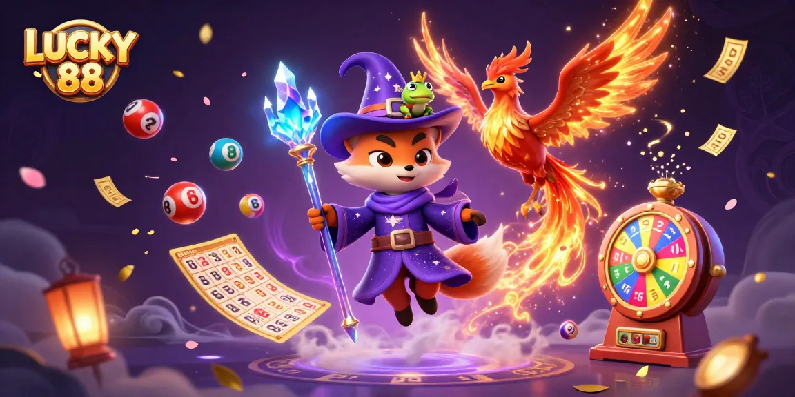 Engage in the thrill of LUCKY 88 with a stunning illustration featuring a magical casino atmosphere.