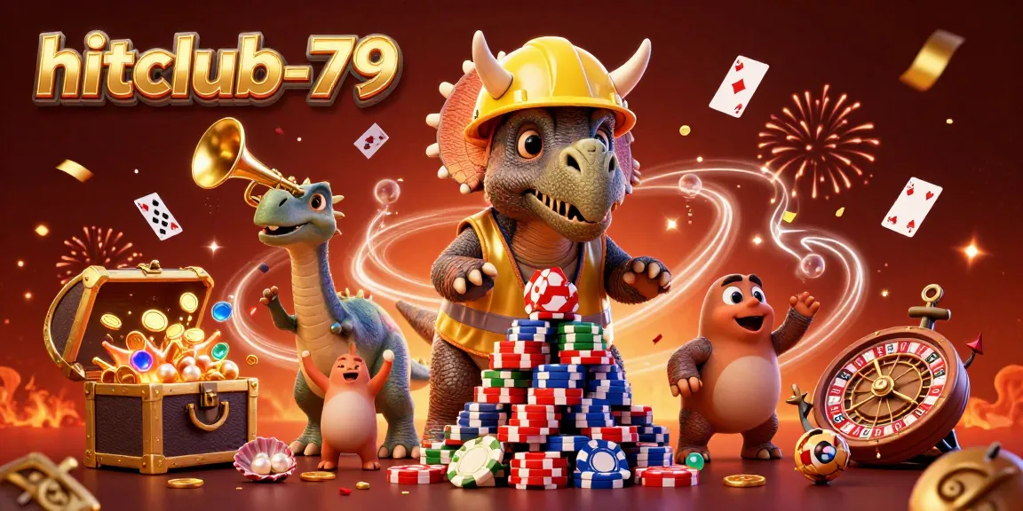 Experience the thrill of hitclub-79 with a lively casino-themed dinosaur celebration featuring poker chips and confetti.
