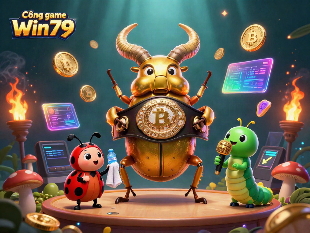 Win79 game portal features a dynamic showdown with cartoon characters, Bitcoin, and Ethereum coins.