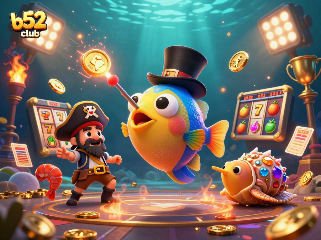 Win big with b52club's thrilling slot games featuring glowing sea creatures and golden coins.