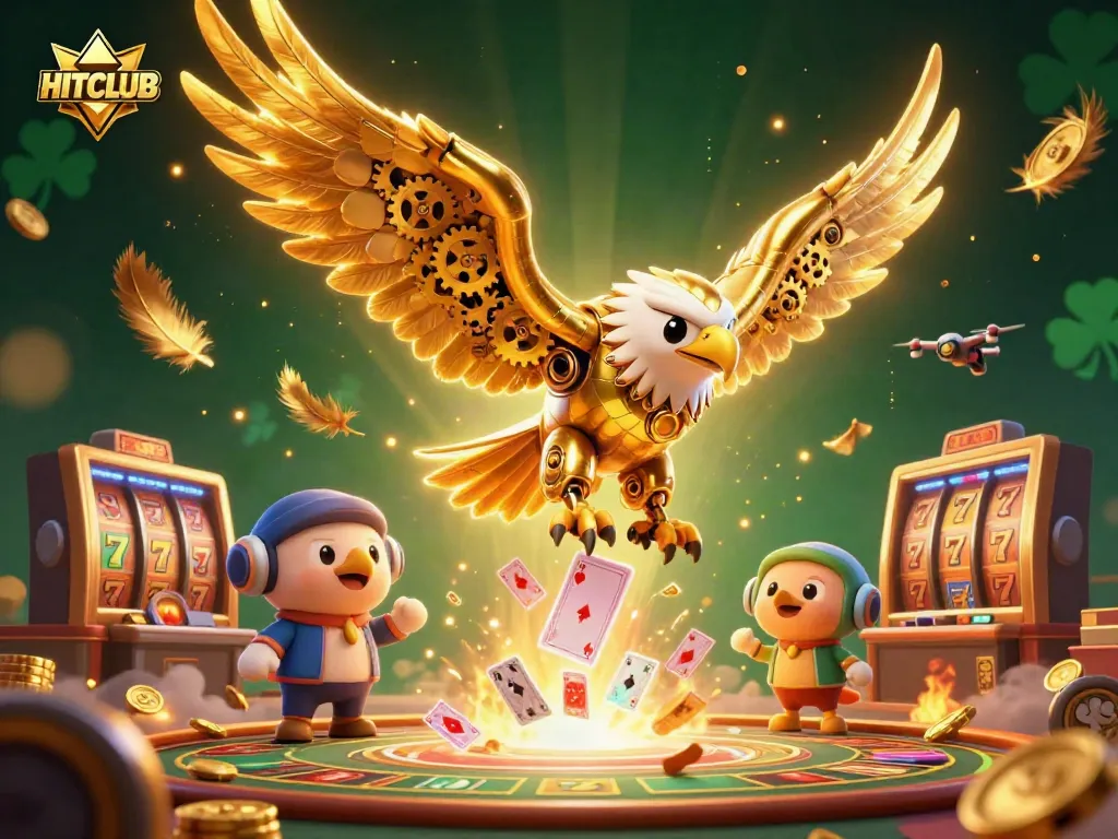 Immerse in the HITCLUB experience with a cybernetic eagle soaring through vibrant casino elements.