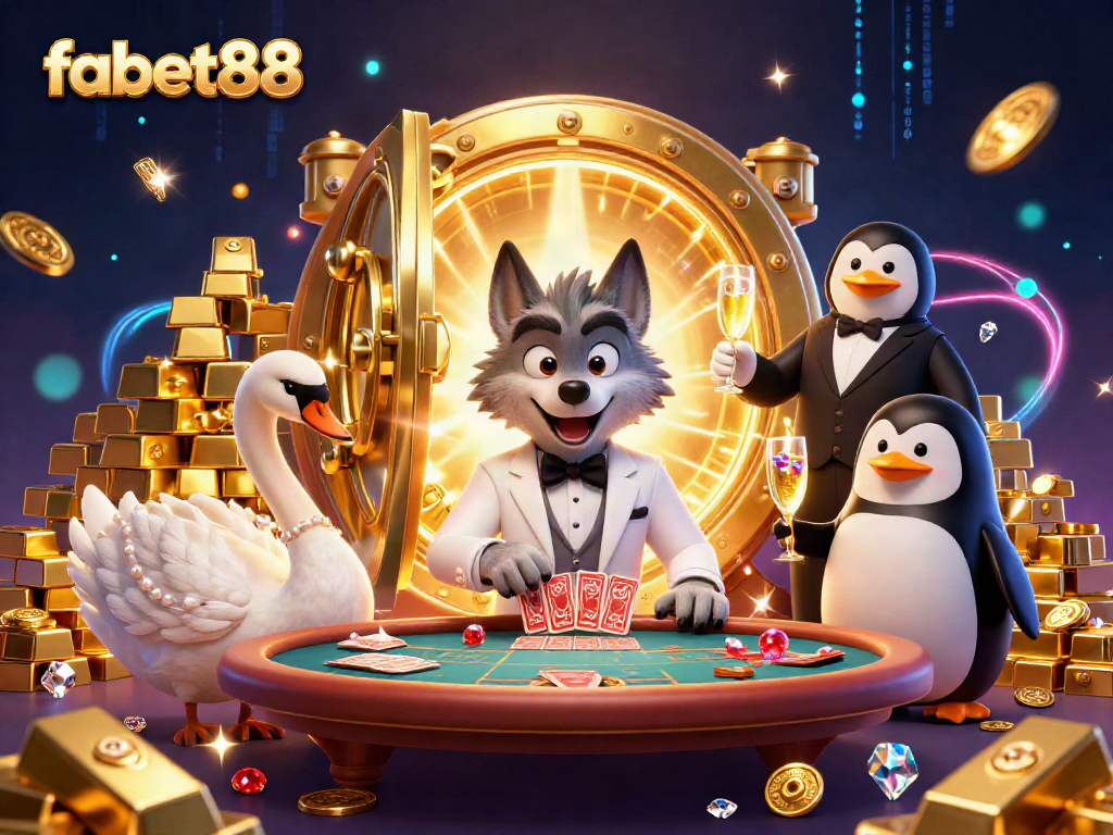 Win with fabet88 at a vibrant baccarat table with dazzling characters and jewels.