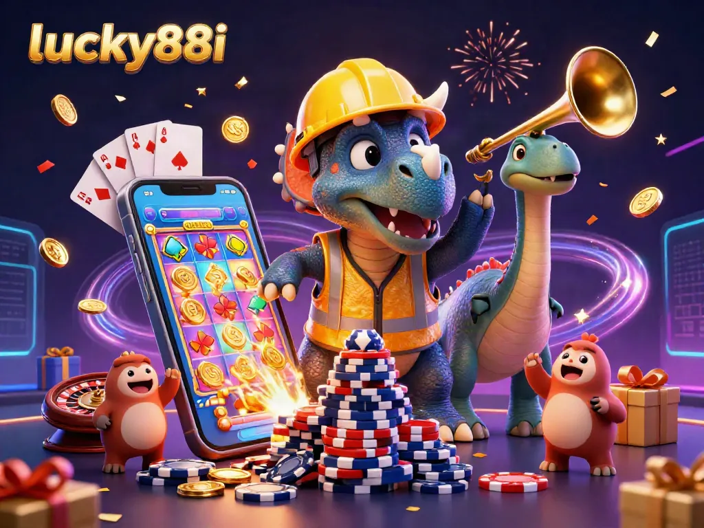Experience excitement with lucky88i as the triceratops builds a poker chip pyramid amidst a casino celebration.