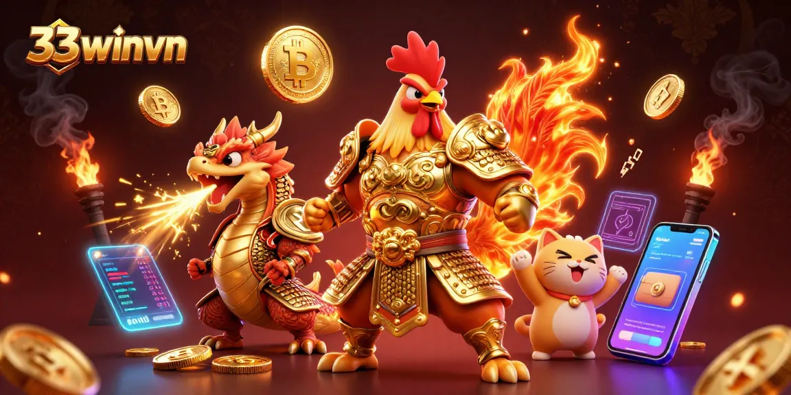 Experience thrilling gameplay at 33winvn with a dynamic scene featuring a rooster warrior, dragon hatchling, and crypto elements.